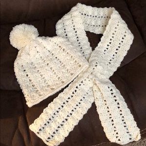Hand crochet cream color Pom Pom  hat & scarf set